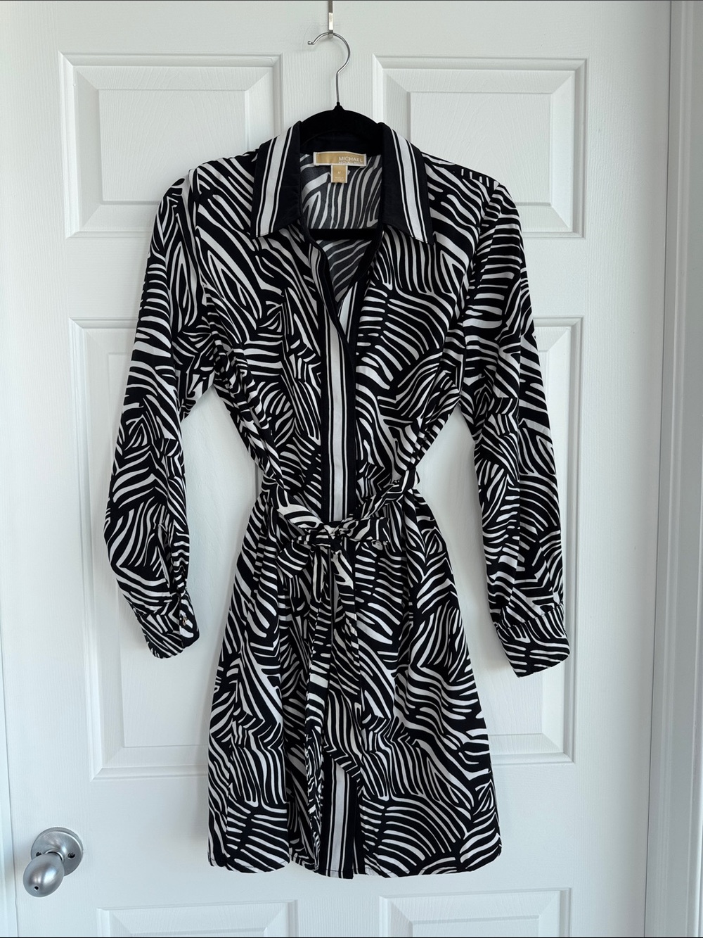 Michael Kors Black and White Zebra-Print Tie-Waist Shirt Dress
